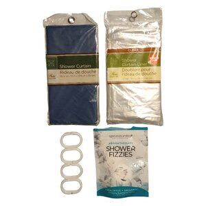 Bathroom Shower Set: Blue Shower Curtain, Clear Shower Liner, Curtain Hooks